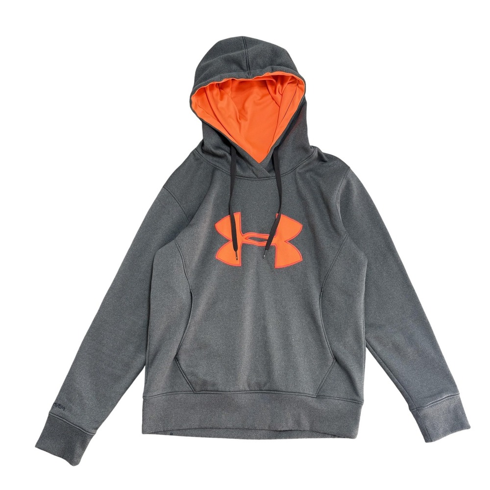 Under Armour Storm ColdGear Hoodie Mens Medium Gray Orange Logo Pullover Fleece